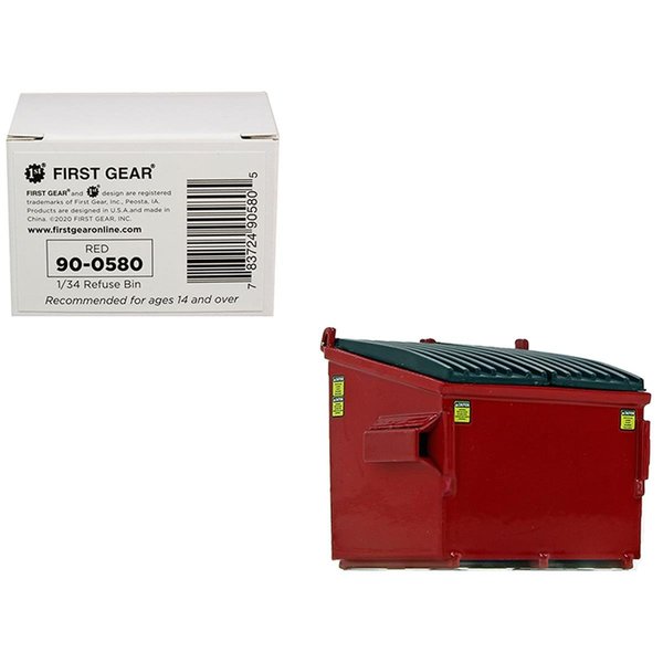 First Gear Refuse Trash Bin Red 1 by 34 Diecast Model 90-0580